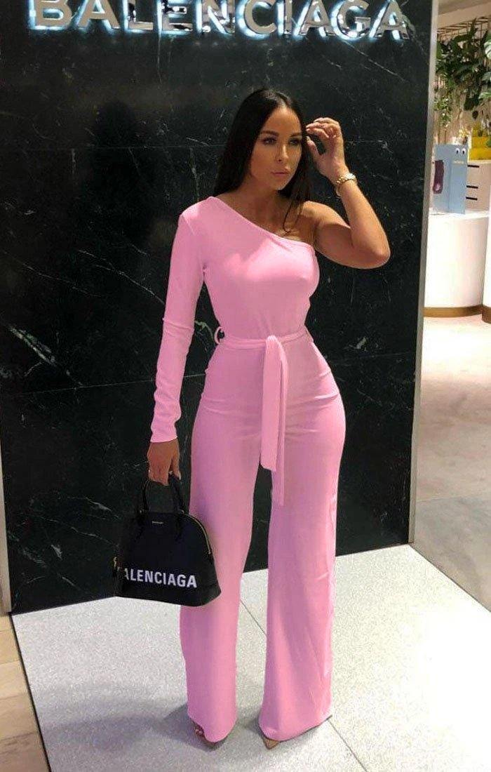 Baby Pink Belted One Shoulder Jumpsuit - Evelyn