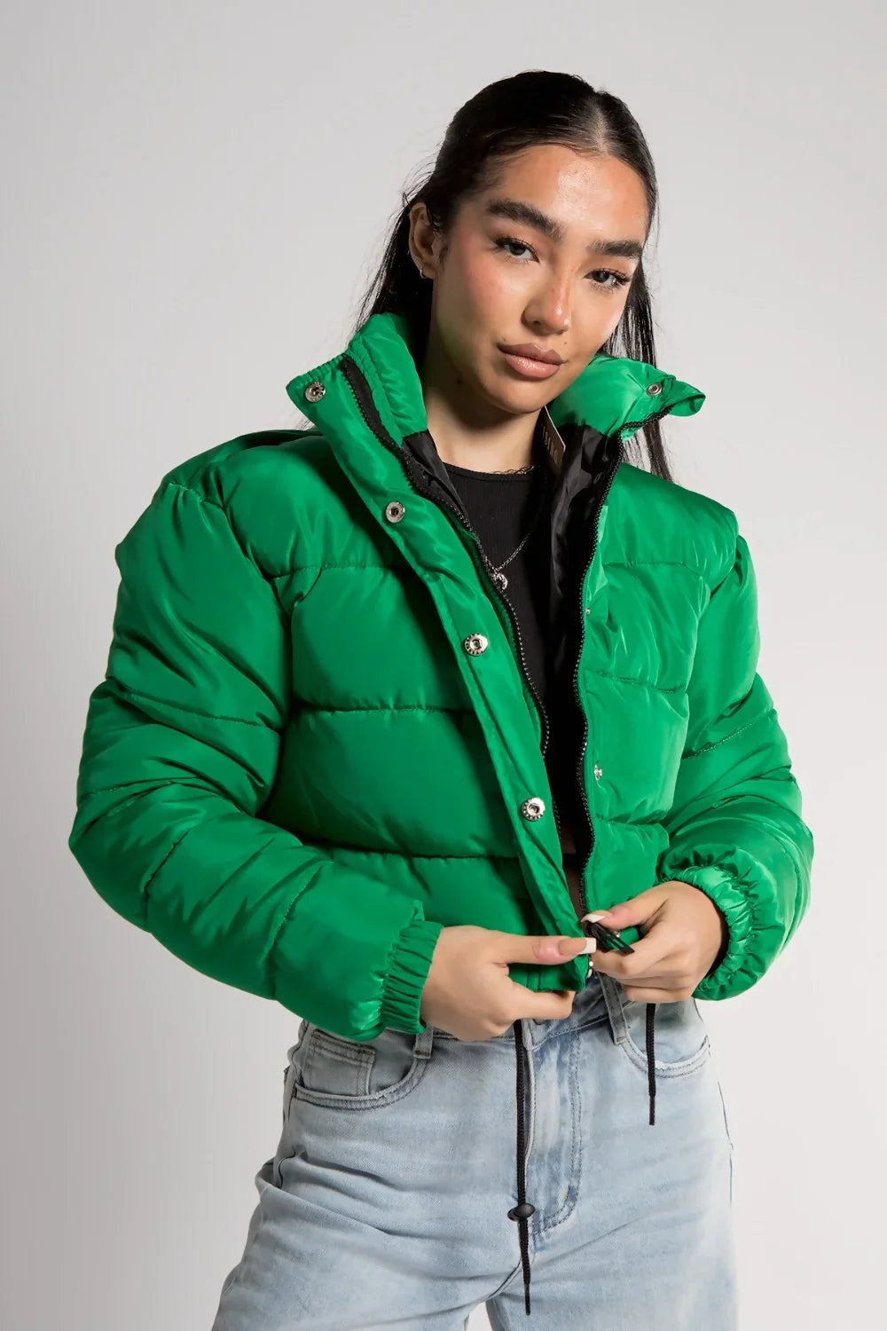 Green High Neck Padded Cropped Puffer Jacket - Khlo