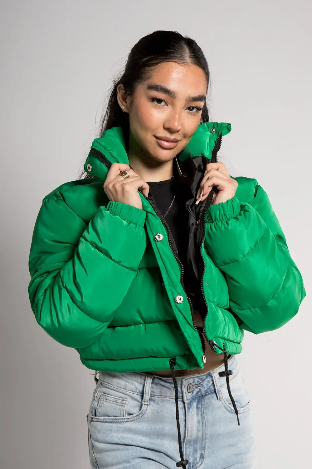 Green High Neck Padded Cropped Puffer Jacket - Khlo