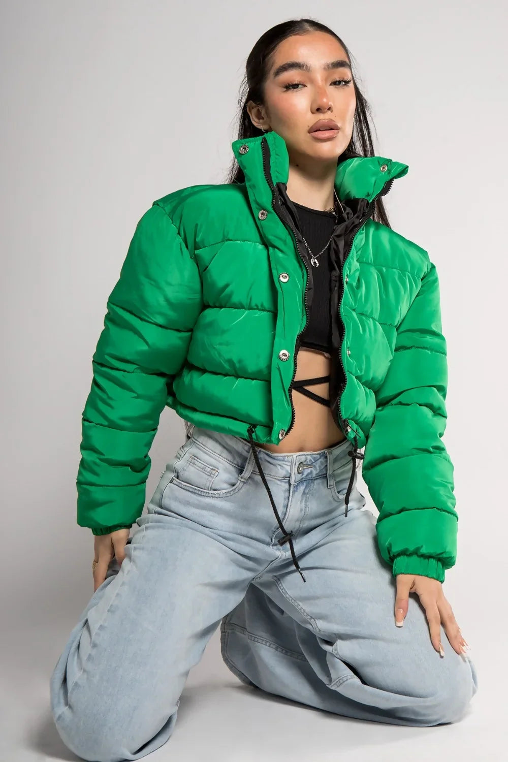 Green High Neck Padded Cropped Puffer Jacket - Khlo