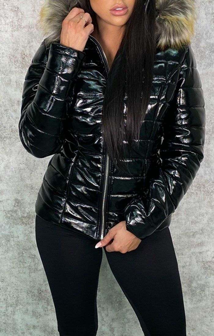 Black Vinyl Faux Fur Fitted Puffer Jacket - Mara