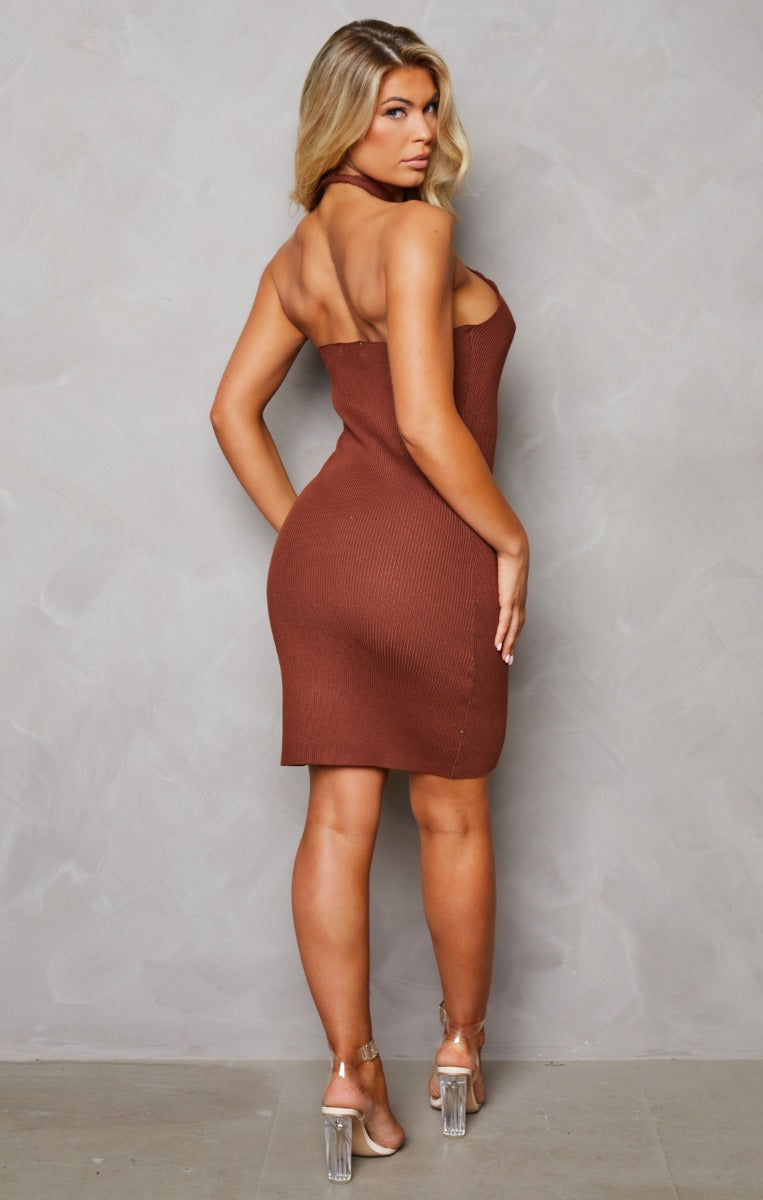 Chocolate Knitted Cut Out Crossover Halter Neck Bodycon Mini Dress - Elena