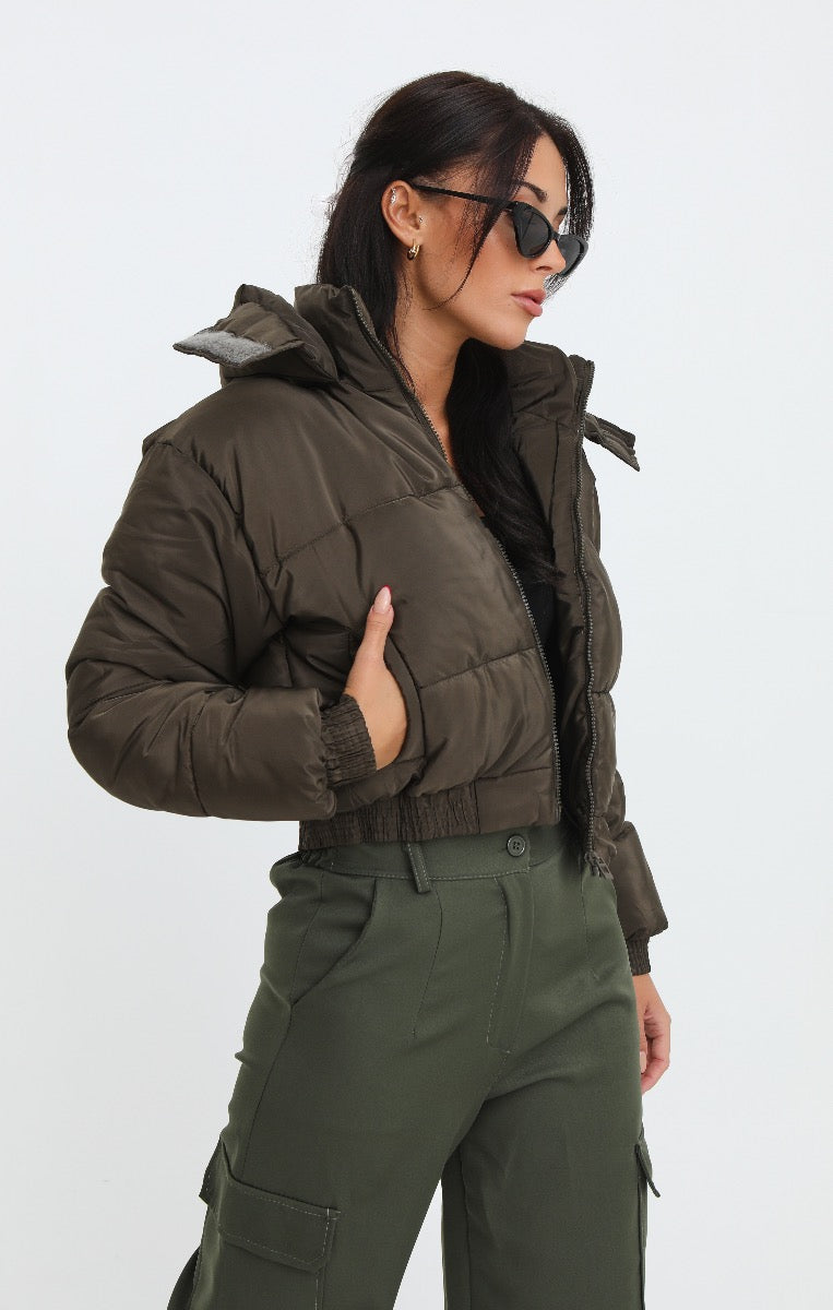 Khaki Cropped Padded Long Sleeve Zip Front Shower Proof Jacket - Harper