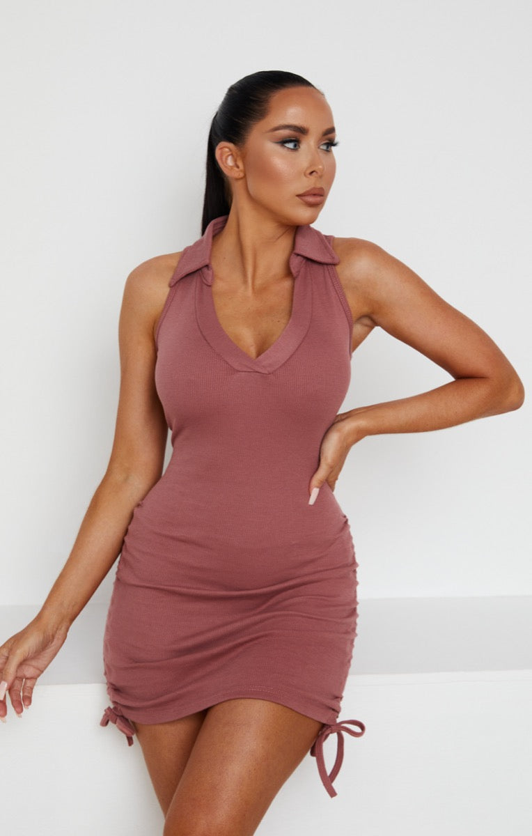 Chocolate Ribbed Ruched Plunge Sleeveless Bodycon Mini Dress - Polli