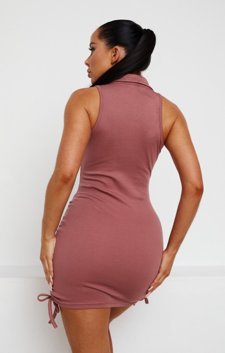 Chocolate Ribbed Ruched Plunge Sleeveless Bodycon Mini Dress - Polli