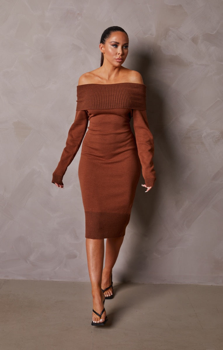 Chocolate Knitted Bardot Long Sleeve Bodycon Midi Jumper Dress - Debbie