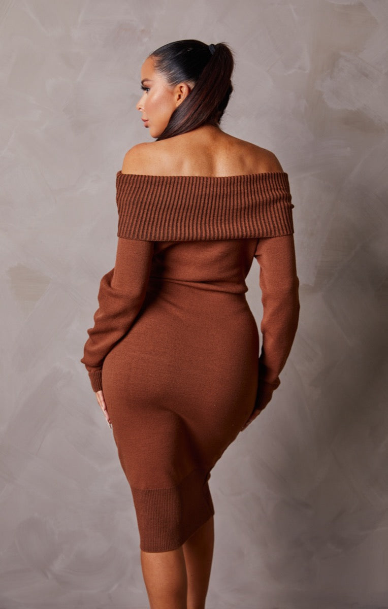 Chocolate Knitted Bardot Long Sleeve Bodycon Midi Jumper Dress - Debbie