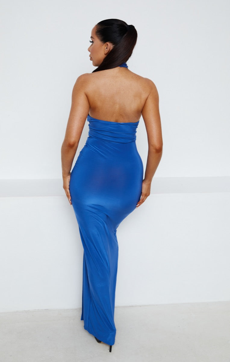 Royal Blue Slinky High Neck Sleeveless Ruched Split Maxi Dress - Orla