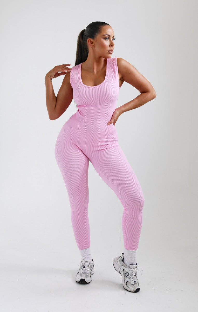 Baby Pink Ribbed Sleeveless Fitted Jumpsuit - Tahlia