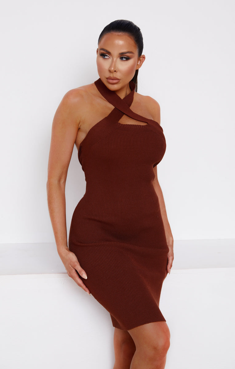 Chocolate Knitted Cut Out Crossover Halter Neck Bodycon Mini Dress - Elena