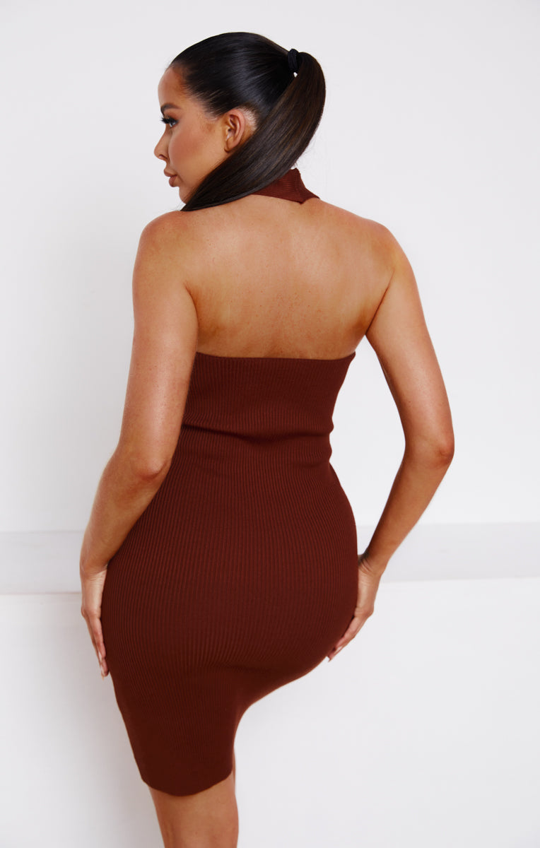 Chocolate Knitted Cut Out Crossover Halter Neck Bodycon Mini Dress - Elena