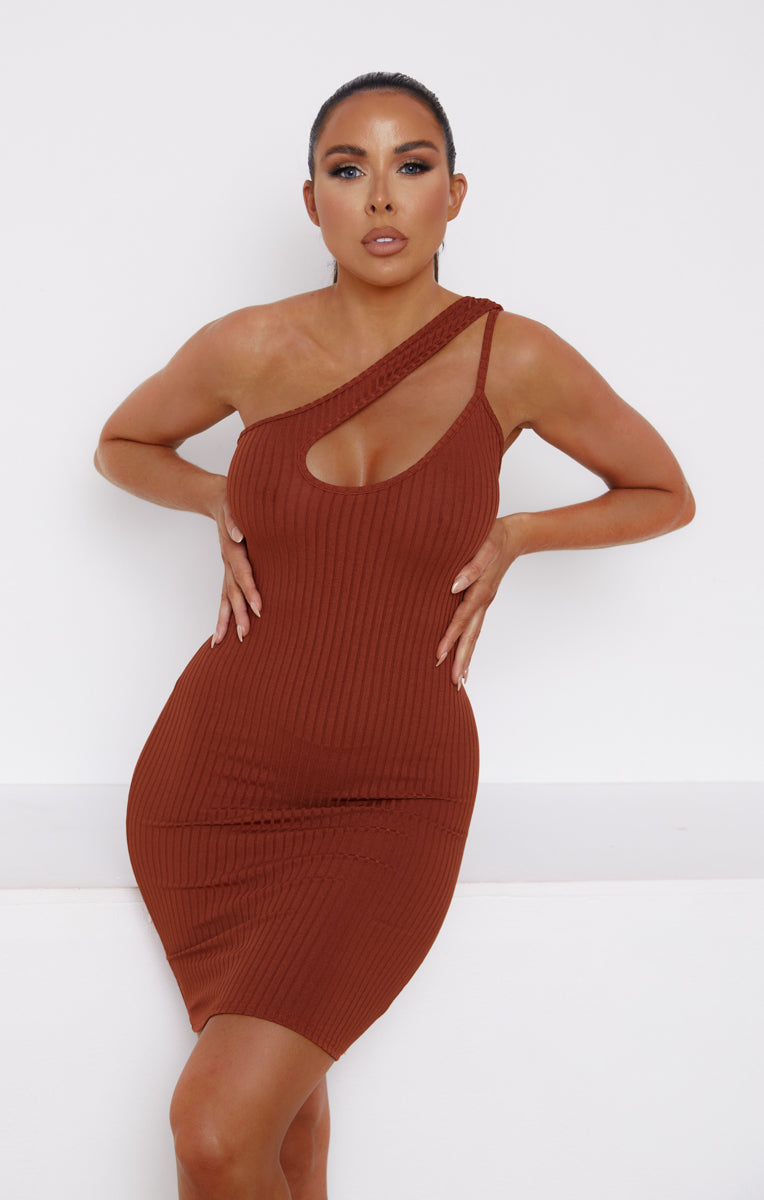 Chocolate Ribbed One Shoulder Cut Out Bodycon Mini Dress - Lucia