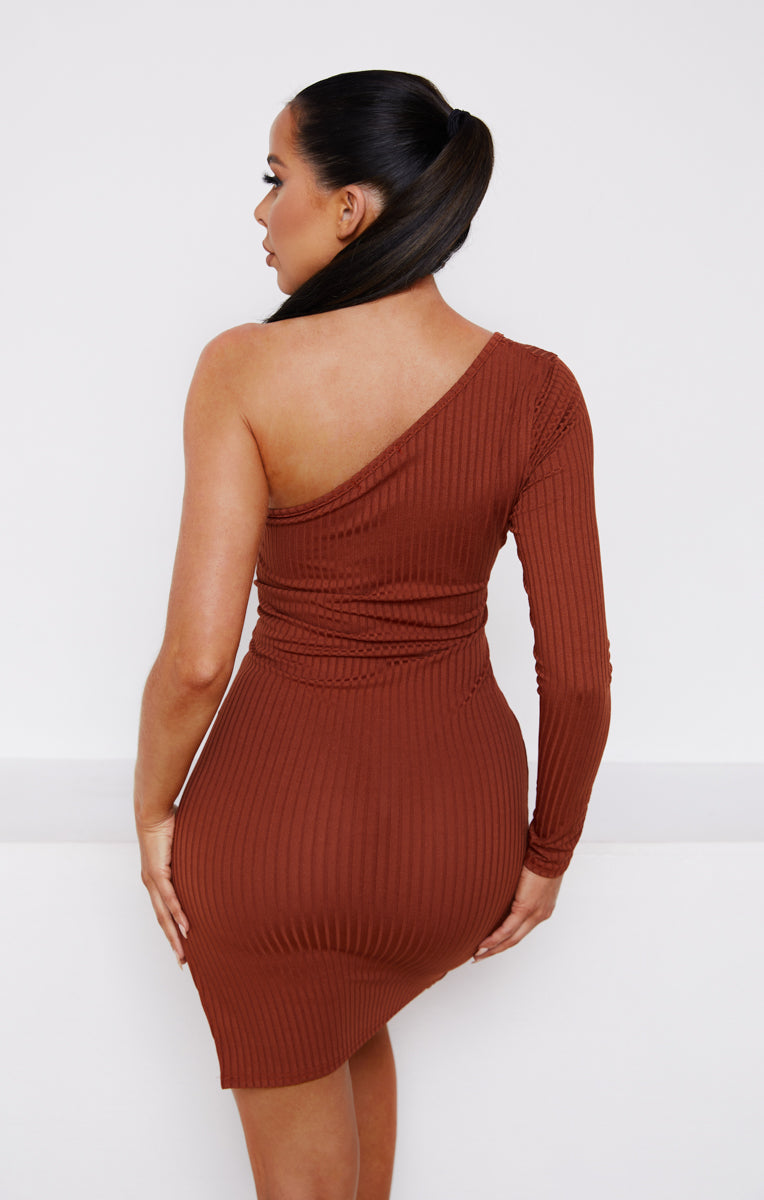 Chocolate Ribbed One Shoulder Long Sleeve Side Split Bodycon Mini Dress - Maren