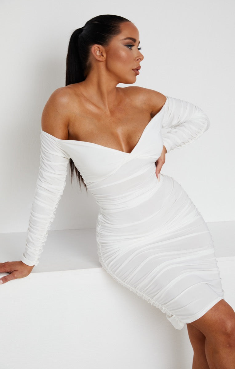 White Ruched Bardot Long Sleeve Bodycon Mini Dress - Mindy