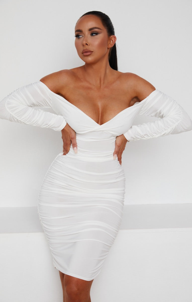 White Ruched Bardot Long Sleeve Bodycon Mini Dress - Mindy