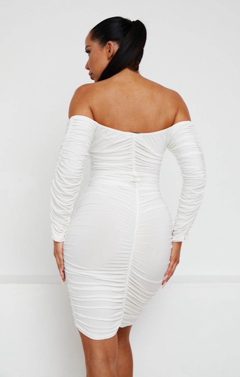 White Ruched Bardot Long Sleeve Bodycon Mini Dress - Mindy