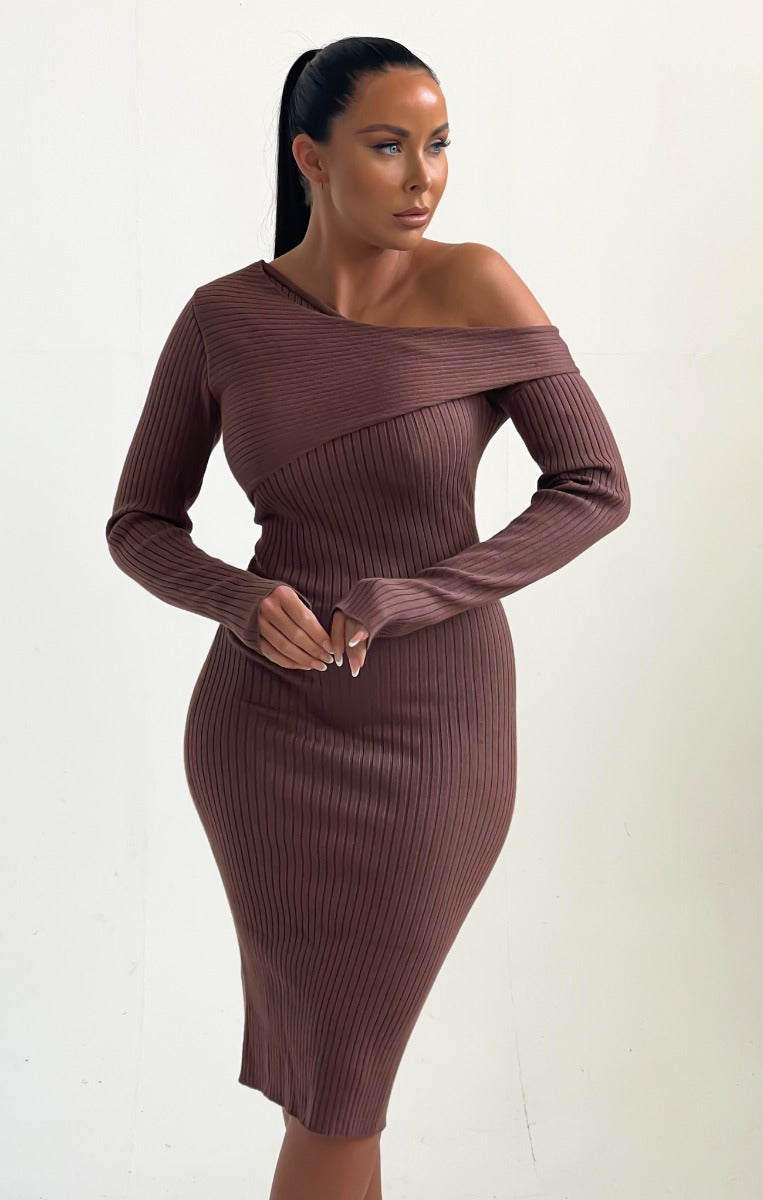 Chocolate Knitted Rib One Shoulders Long Sleeve Cut Out Bodycon Midi Jumper Dress- Dua