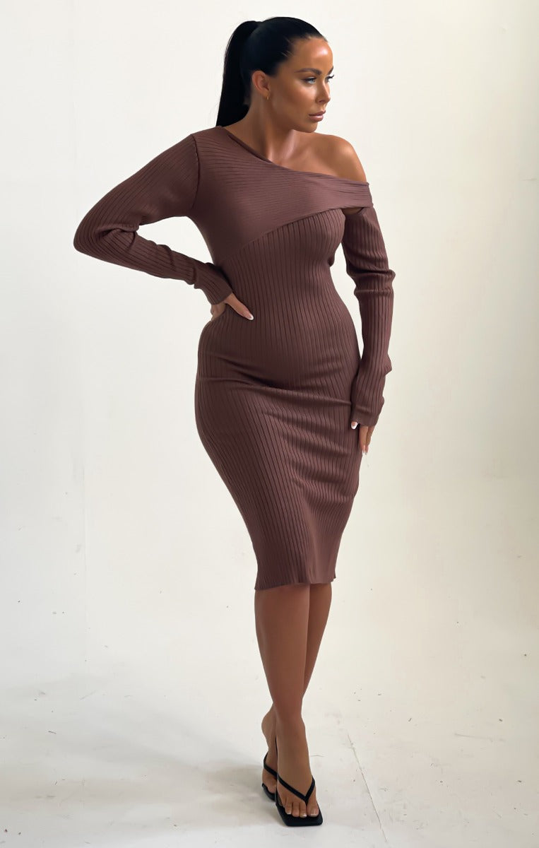 Chocolate Knitted Rib One Shoulders Long Sleeve Cut Out Bodycon Midi Jumper Dress- Dua