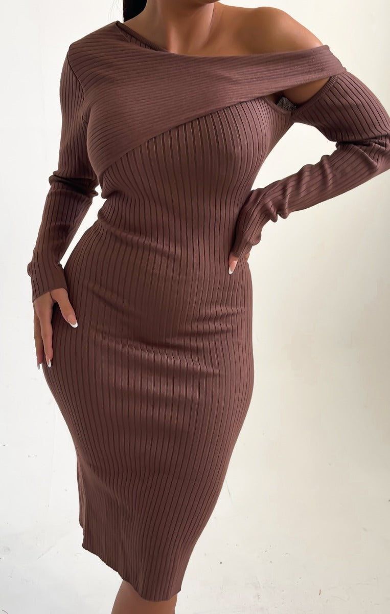 Chocolate Knitted Rib One Shoulders Long Sleeve Cut Out Bodycon Midi Jumper Dress- Dua