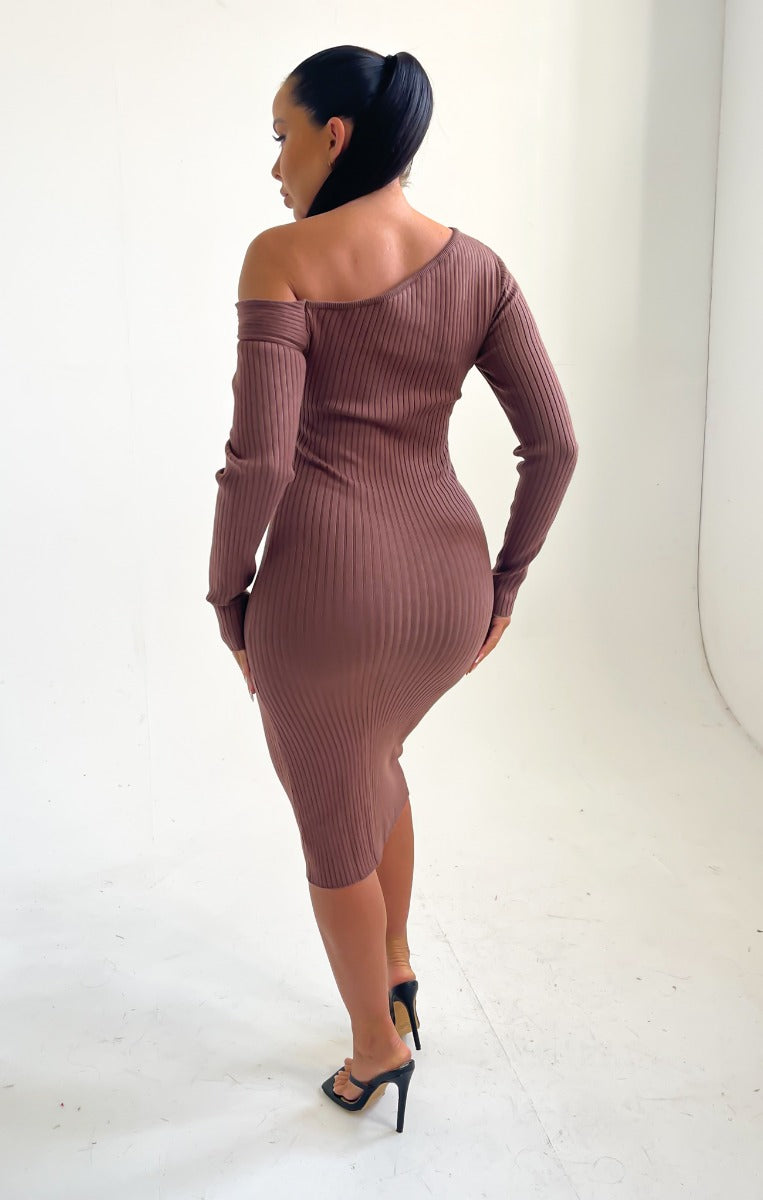 Chocolate Knitted Rib One Shoulders Long Sleeve Cut Out Bodycon Midi Jumper Dress- Dua