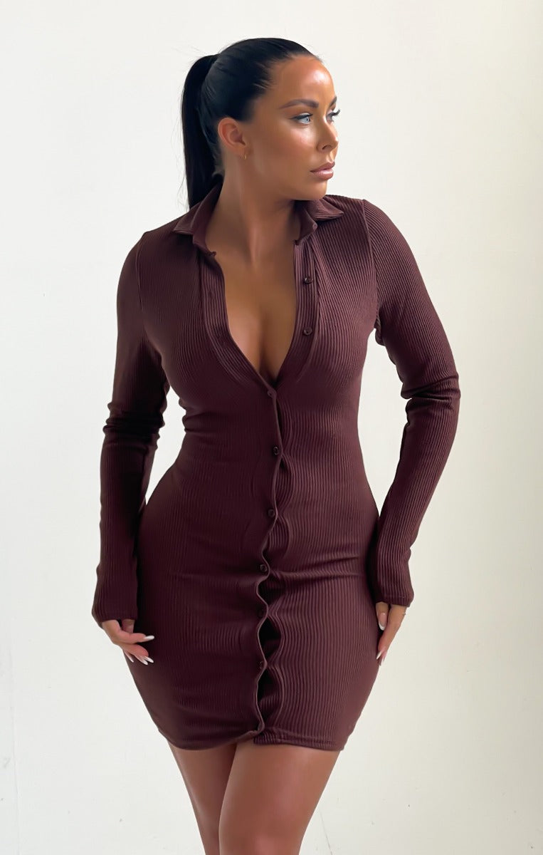 Chocolate Ribbed Long Sleeve Button Up Bodycon Mini Shirt Dress - Steph