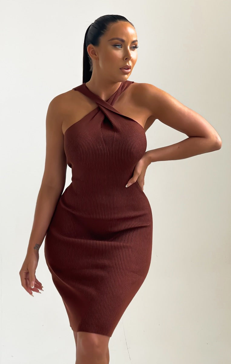 Chocolate Knitted Cross Over Bodycon Midi Dress - Shiva