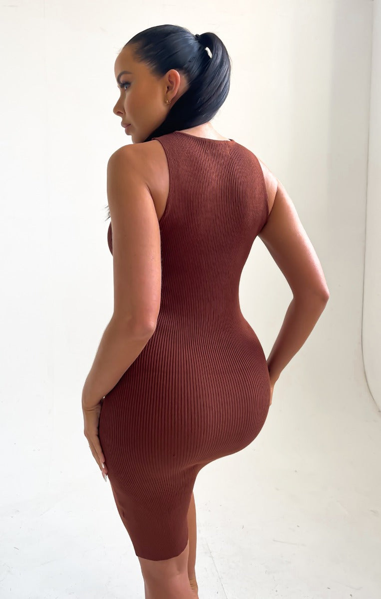 Chocolate Knitted Cross Over Bodycon Midi Dress - Shiva