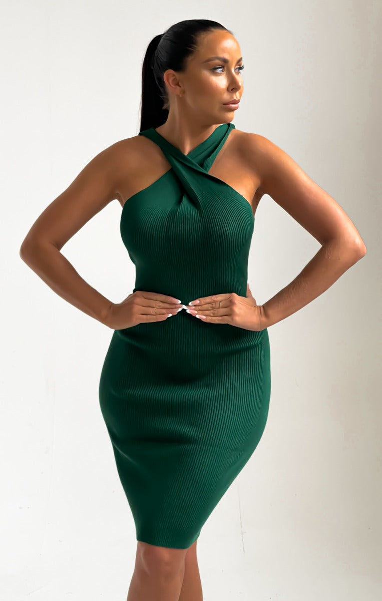 Emerald Knitted Cross Over Bodycon Midi Dress-Shiva