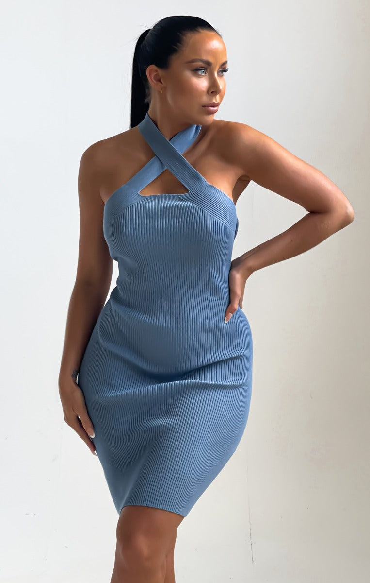 Dusky Blue Knitted Cut Out Crossover Halter Neck Bodycon Mini Dress - Elena