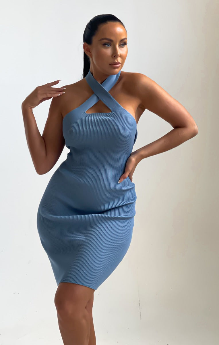 Dusky Blue Knitted Cut Out Crossover Halter Neck Bodycon Mini Dress - Elena