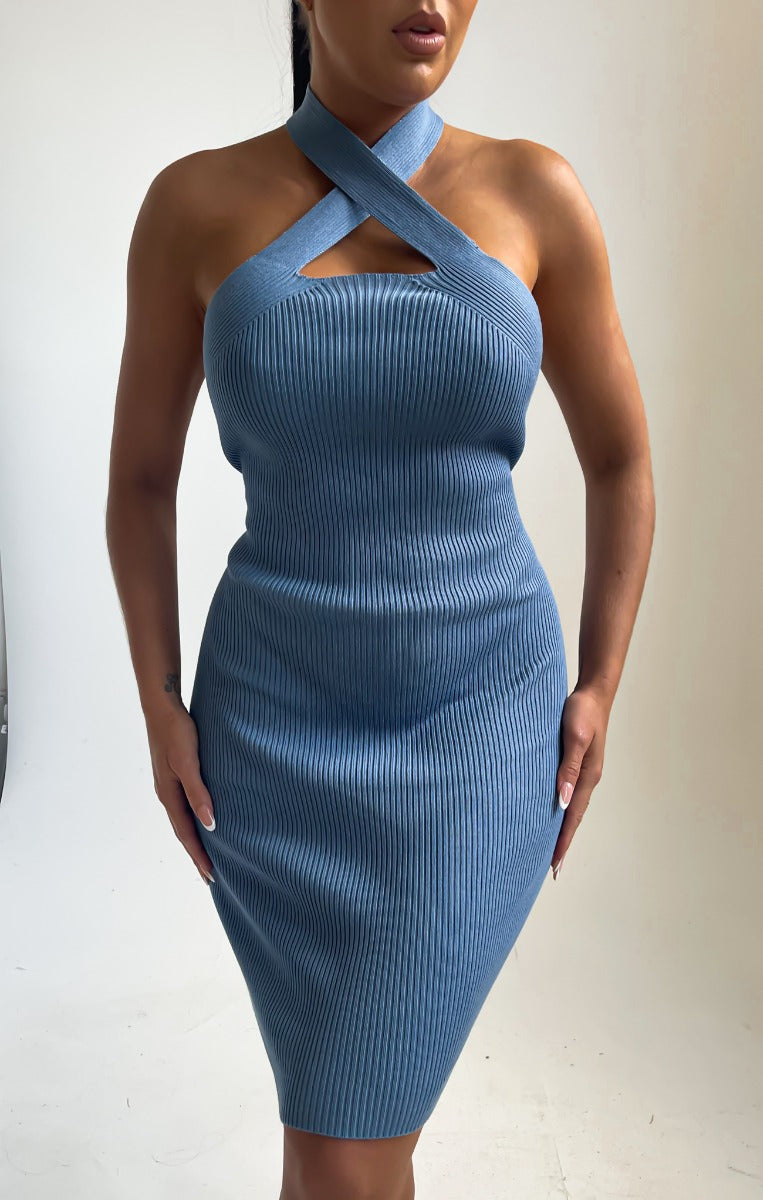 Dusky Blue Knitted Cut Out Crossover Halter Neck Bodycon Mini Dress - Elena