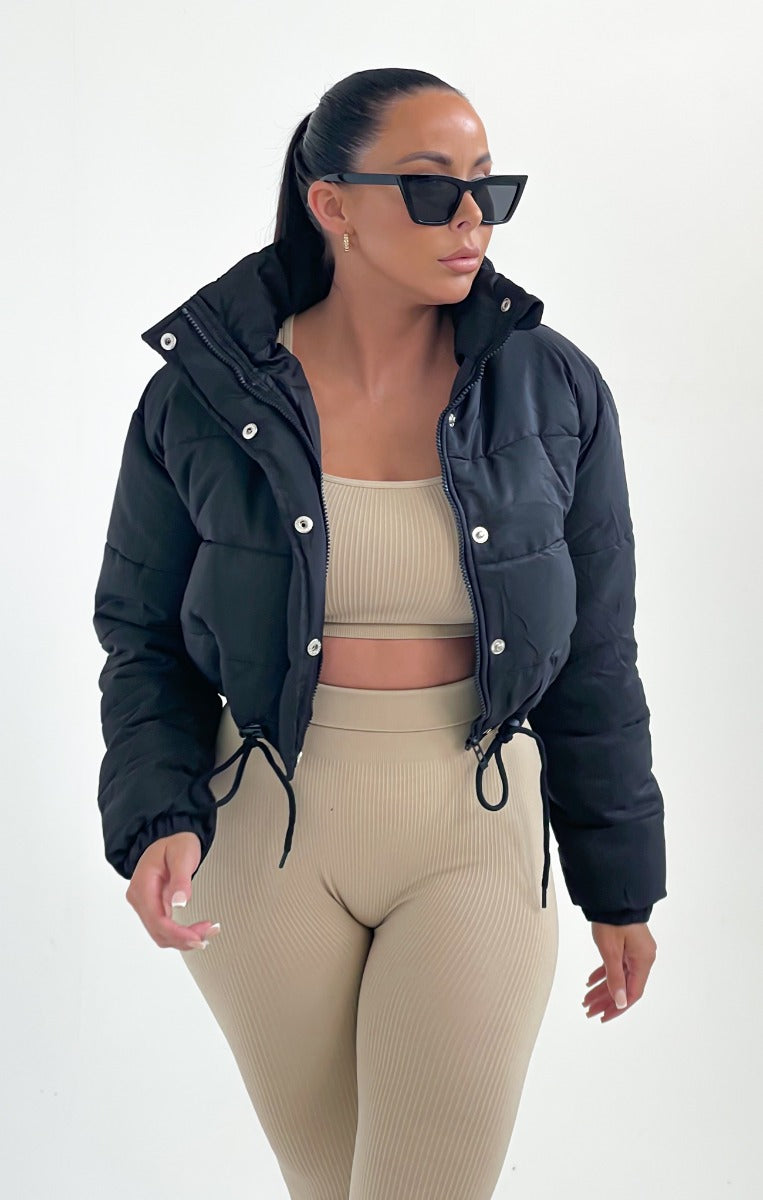 Black High Neck Padded Cropped Puffer Jacket - Khlo