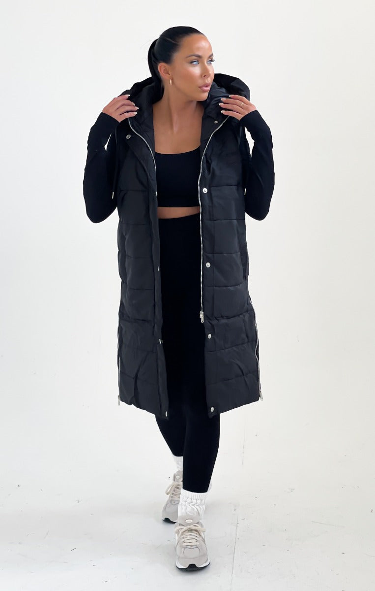 Black Sleeveless Longline Midi Zip Up Hooded Puffer Coat - Terri