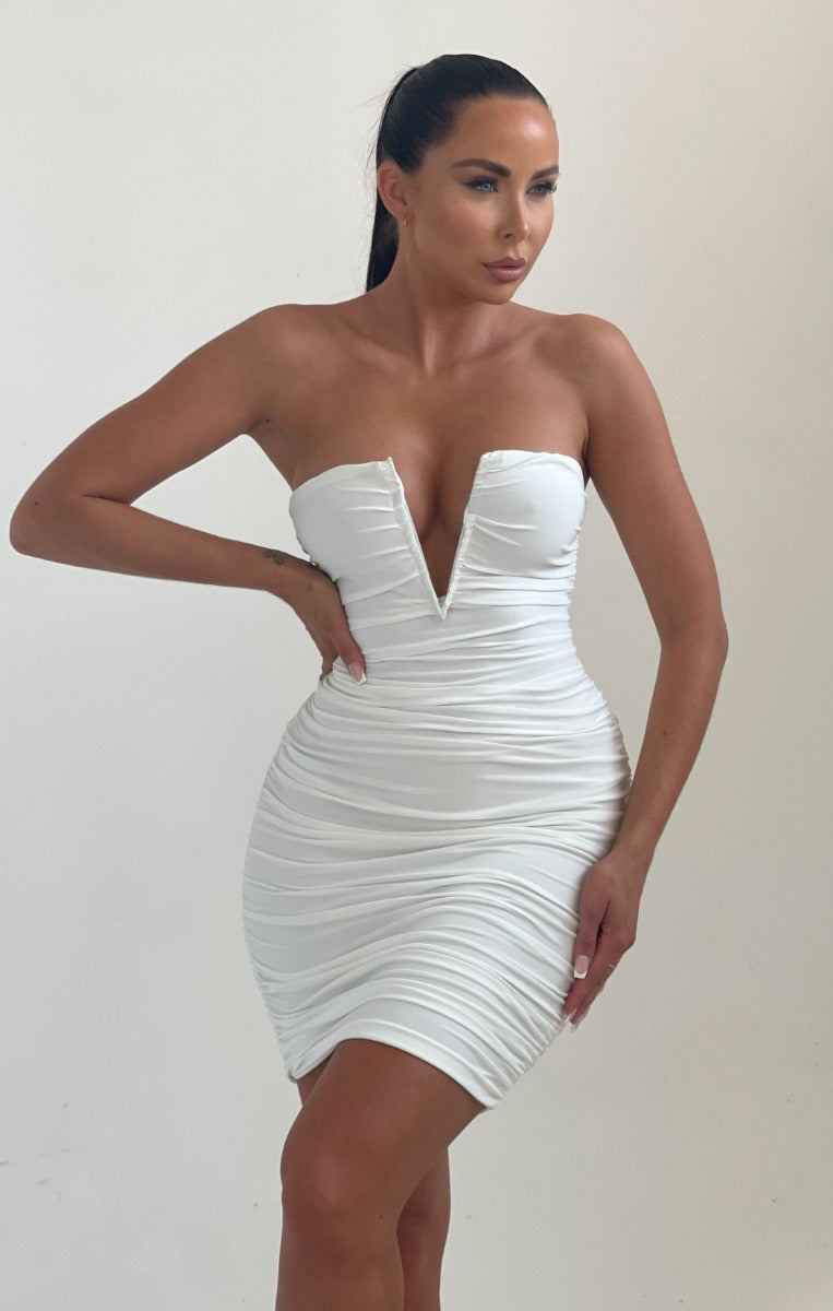 White V Neck Ruched Bodycon Mini Dress - Kori