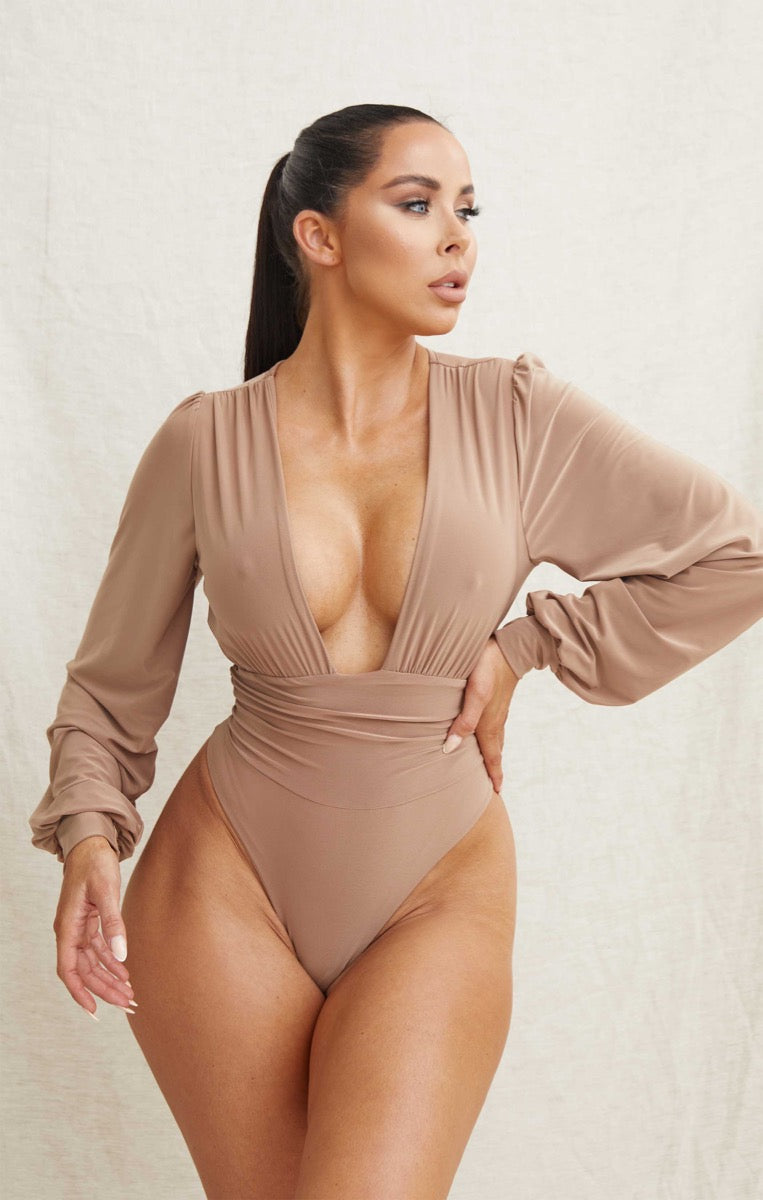 Camel Puff Sleeve Ruched Bust Plunge V Neck Fitted Bodysuit - Emani