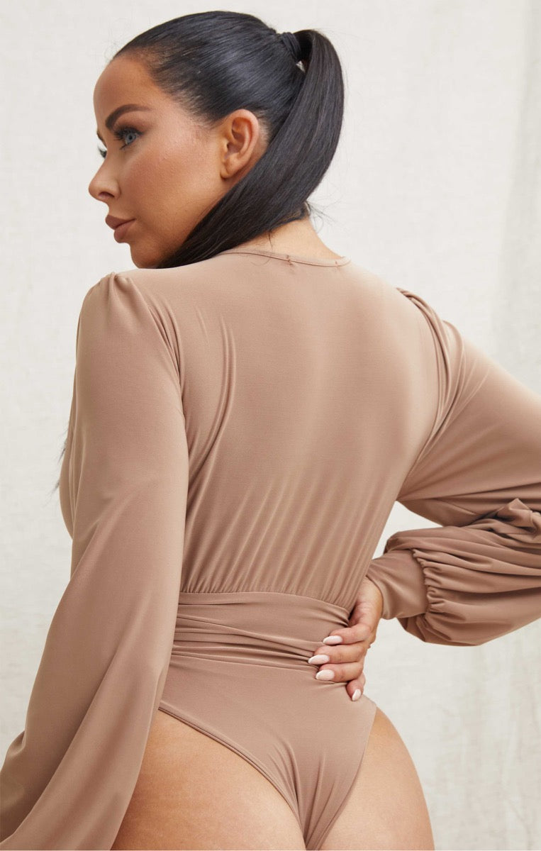 Camel Puff Sleeve Ruched Bust Plunge V Neck Fitted Bodysuit - Emani